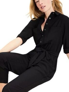 LOFT Black Button-Front Tie-Waist Jumpsuit